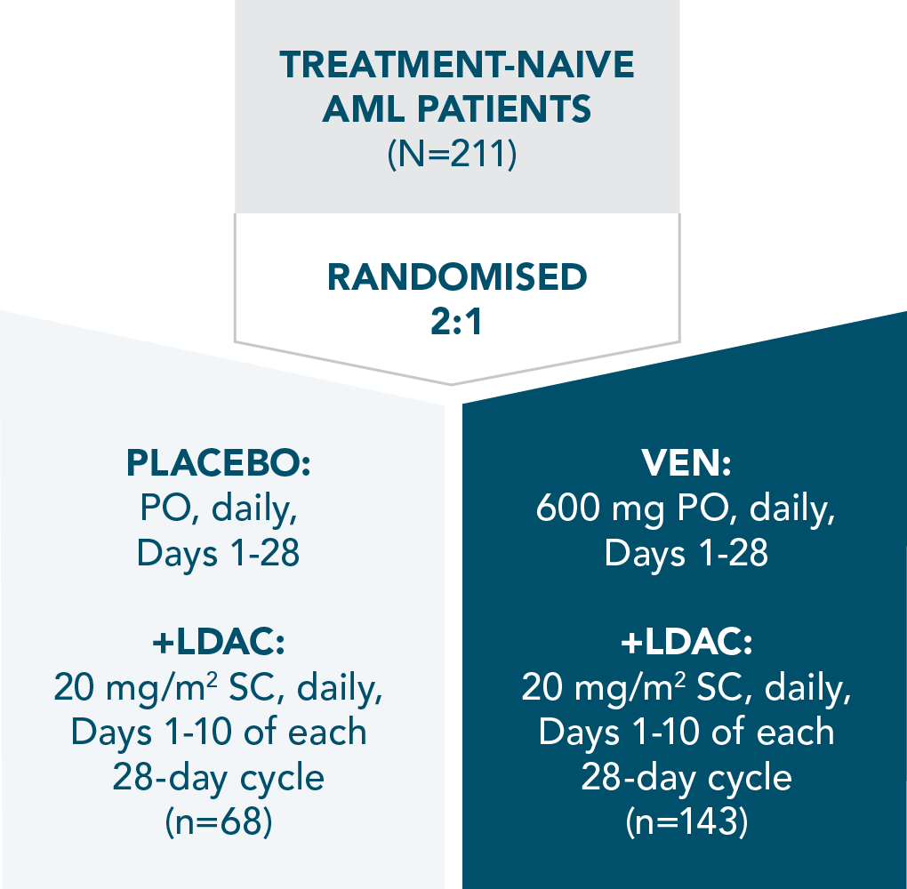 Treatment-naive AML patients (N=211) were randomized at 2:1 to VEN+LDAC (n=143) and PBO+LDAC (n=68)