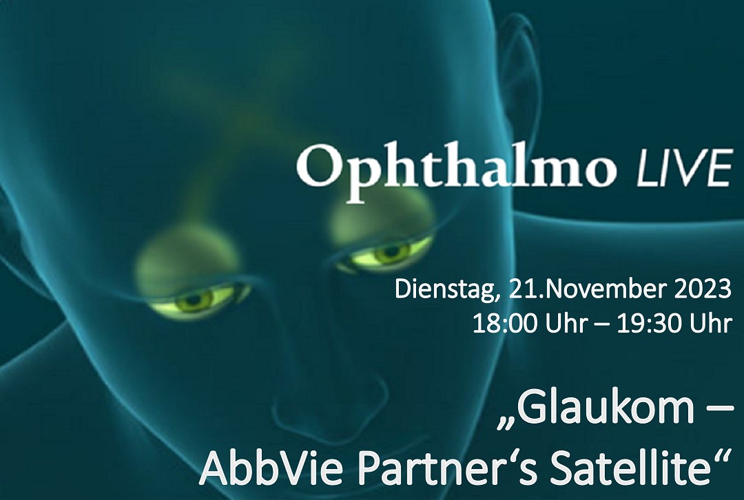 Abbildung mit Schriftzug „Ophthalmo Live, 21. November 2023, 18:00 Uhr – 19:30 Uhr, „Glaukom – AbbVie Partner‘s Satellite“ in weiß auf der rechten Bildhälfte. links daneben ein Ausschnitt des Ophthalmo Live Logos (Augen in grün mit grüner Verbindung in Richtung Gehirn) 