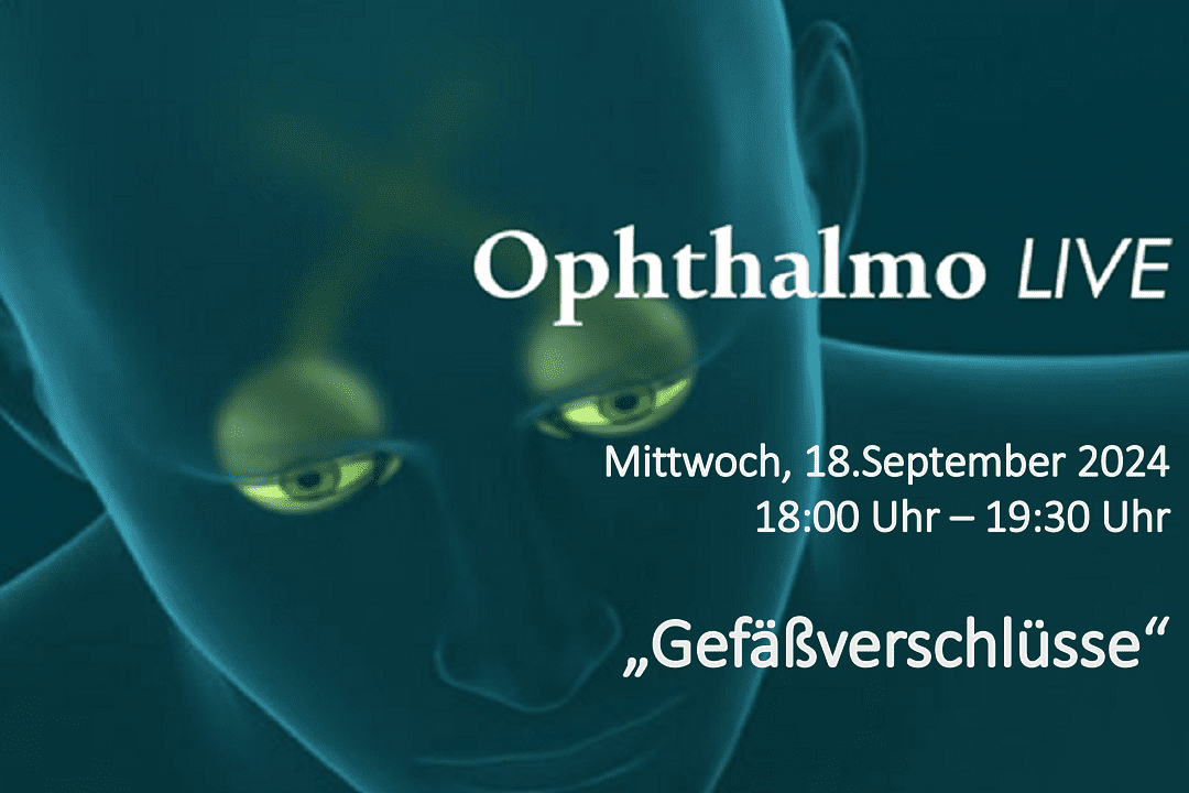 Dunkler Türkisblauer Hintergrund mit Silhouette eines Menschen im selben Farbschema mit heller Umrandung. Im Gesicht sind zwei leuchtende Grüne Augen zu erkennen. Rechts in weiß die Beschriftung „Ophthalmo LIVE, Mittwoch, 18.September 2024, 18:00 Uhr – 19:30 Uhr,Gefäßverschlüsse“
