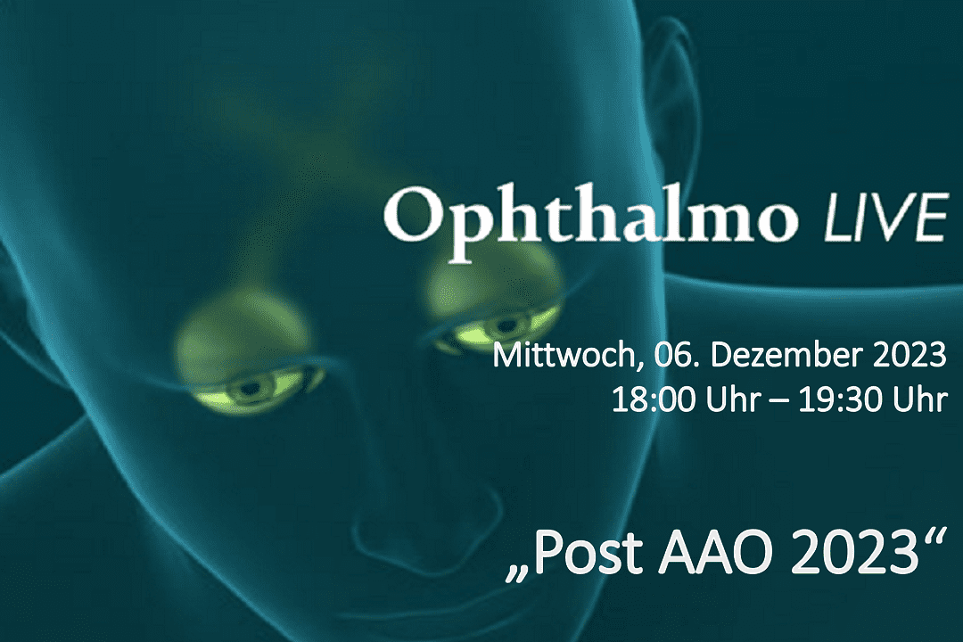 Ophthalmo Live Logo eines türkis-grünen 3D-Modelles eines Menschen, nach vorne lehnend mit grün-leuchtenden Augen. Rechts daneben in weiß der Schriftzug „Ophthalmo LIVE, Mittwoch, 06. Dezember 2023, 18:00 Uhr – 19:30 Uhr, „Post AAO 2023“