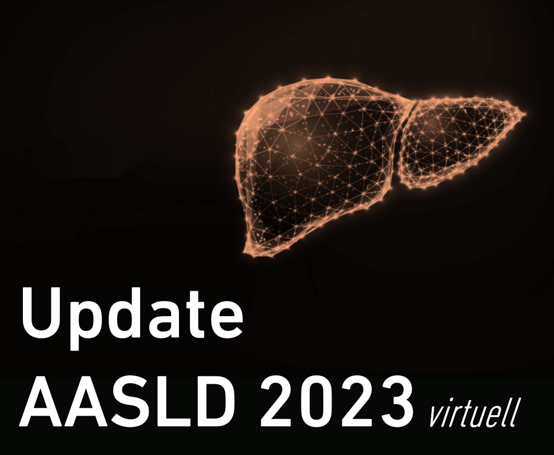 Schwazer Hintergrund mit weißer Aufschrift: Update AASLD 2023, Leber