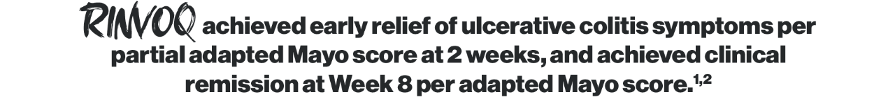 RINVOQ achieved early relief of ulcerative colitis symptoms per  partial adapted Mayo score at 2 weeks, and achieved clinical remission at Week 8 per adapted Mayo score.