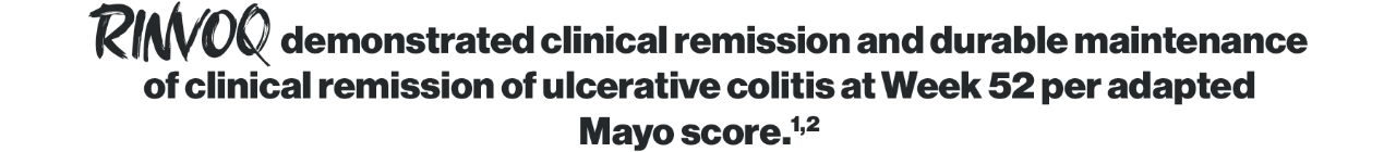 RINVOQ achieved early relief of ulcerative colitis symptoms per partial adapted Mayo score at 2 weeks, and achieved clinical remission at Week 8 per adapted Mayo score.