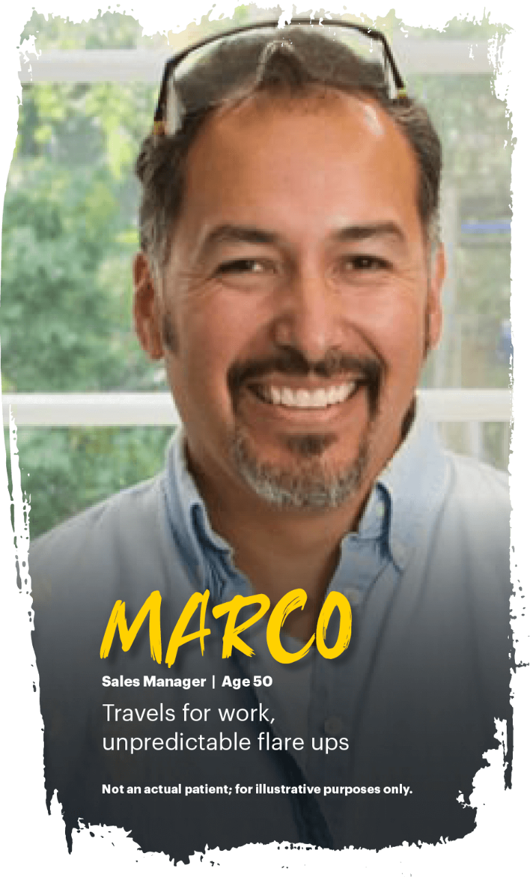 Marco. Sales Manager. Age 50. Travels for work, unpredictable flare ups